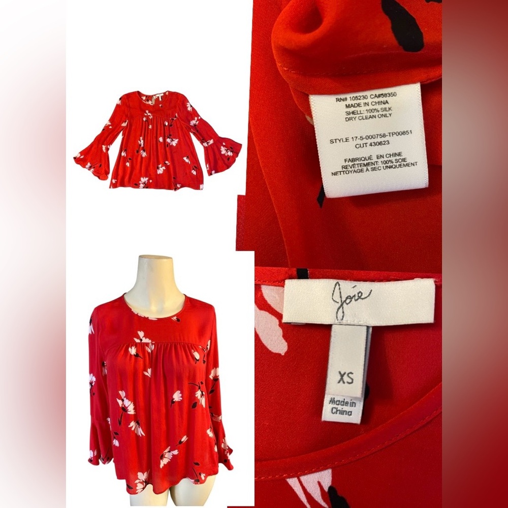 Joie 100% Silk red floral bell-sleeve blouse women’s size XS